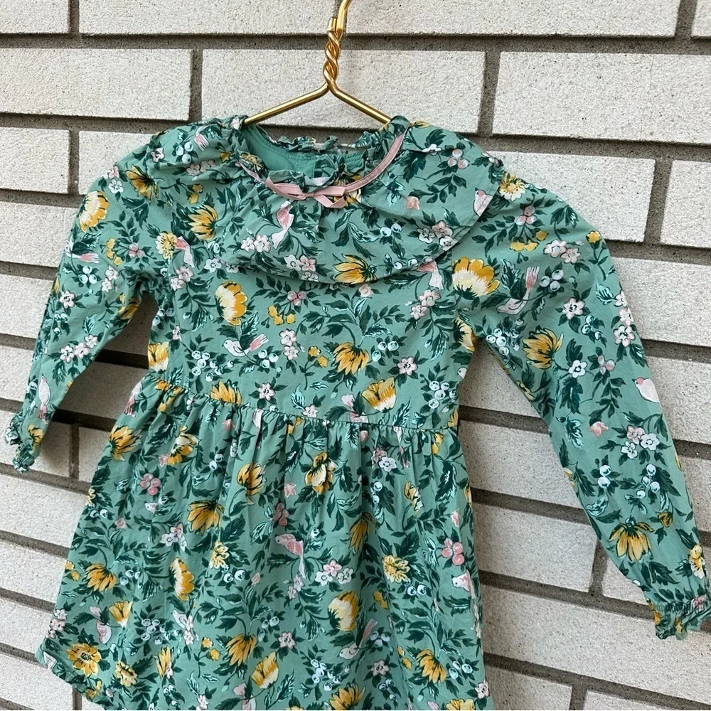 Janie And Jack Malachite Green Floral Ruffle Collar Bow Dress Long Sleeve 4